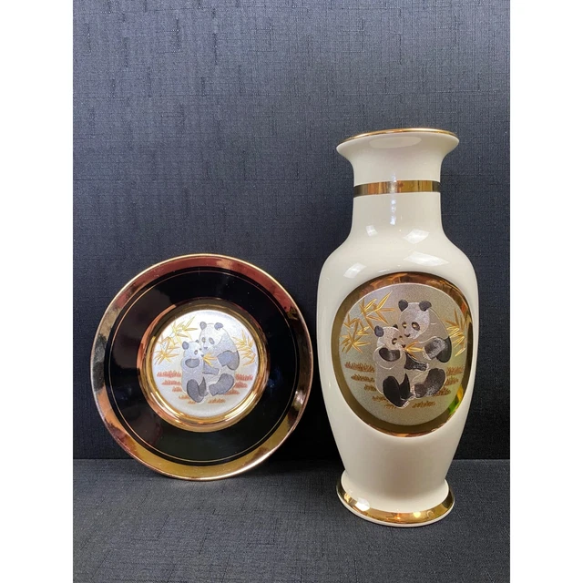 Vintage The Art Of Chokin Panda Theme Ivory Vase Plate 24k Gold Edged Japan