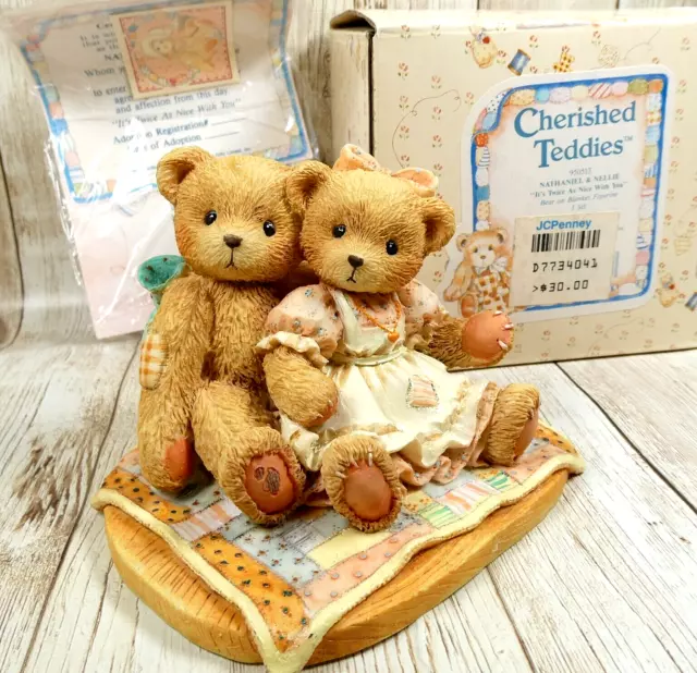 Cherished Teddies 950513 NATHANIEL & NELLIE It's Twice As Nice Bears on Blanket