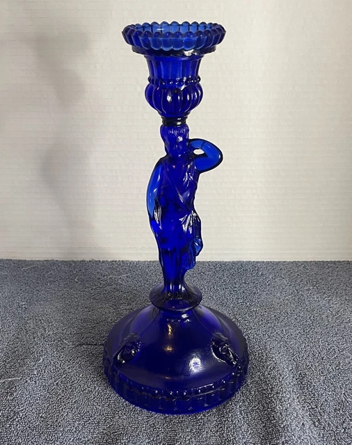 COBALT BLUE GLASS Figural Candlestick Art Deco Grecian Goddess Diana 10 cobalt-blue-glass-figural-candlestick-art-deco-grecian-goddess-diana-10