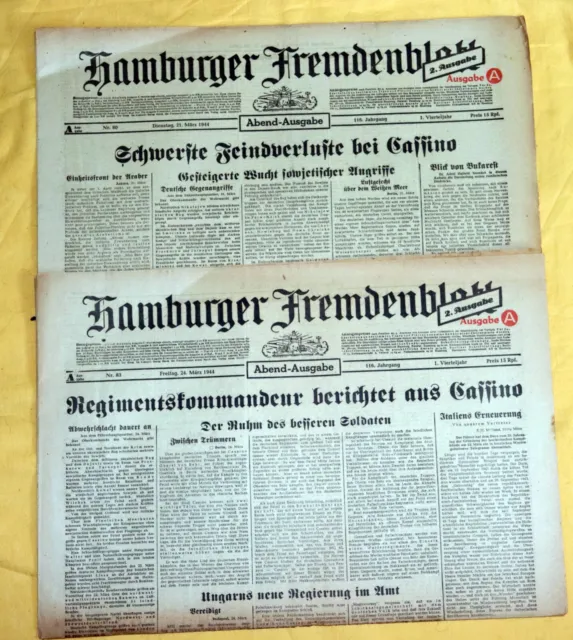 2 x HAMBURGER FREMDENBLATT Hamburg 21.+24.03. 1944 Monte Cassino Montecassino