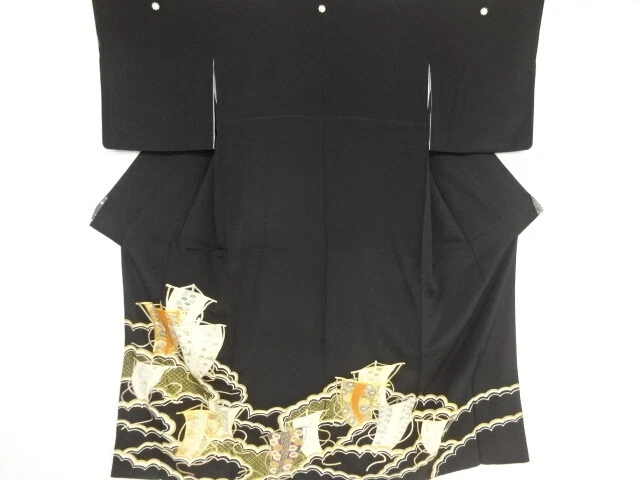 81353# Japanese Kimono / Antique Tomesode / Embroidery / Cloud With Sailing Ship