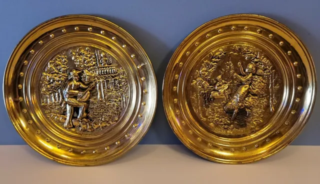 Vintage Romantic Folk Old English Style Brass Wall Hanging Plaques Pair