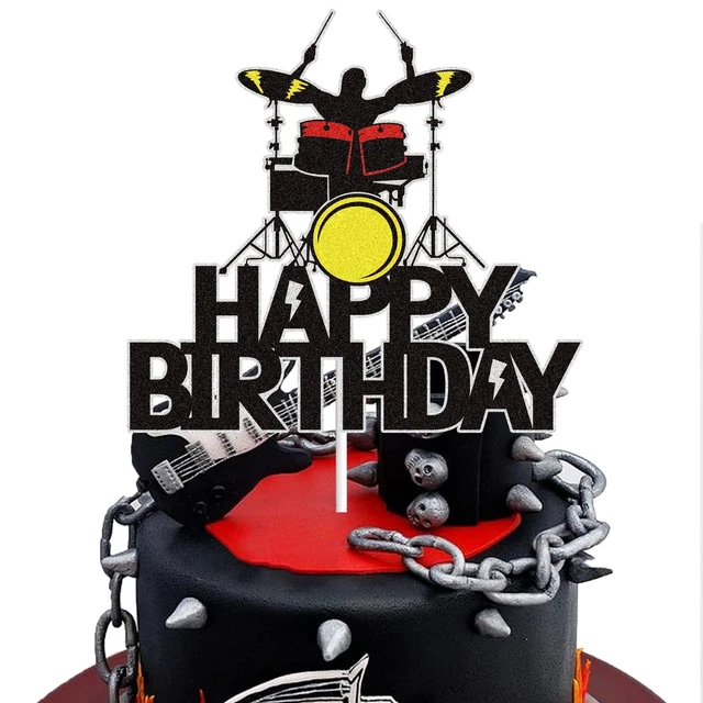 Guitar Happy Birthday Cake Topper Black Glitter Musical Music Notes Cake Decor
