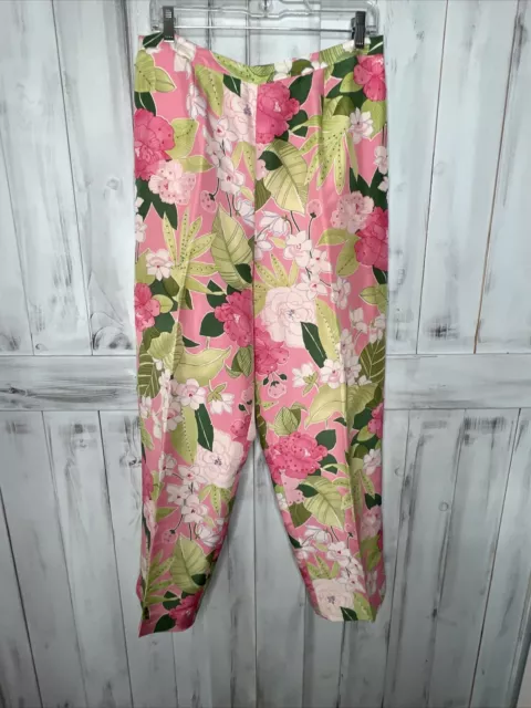 Adrianna Papell Pink Green Floral 100 Silk Tropical Sequin Beaded Pants 16 Lined