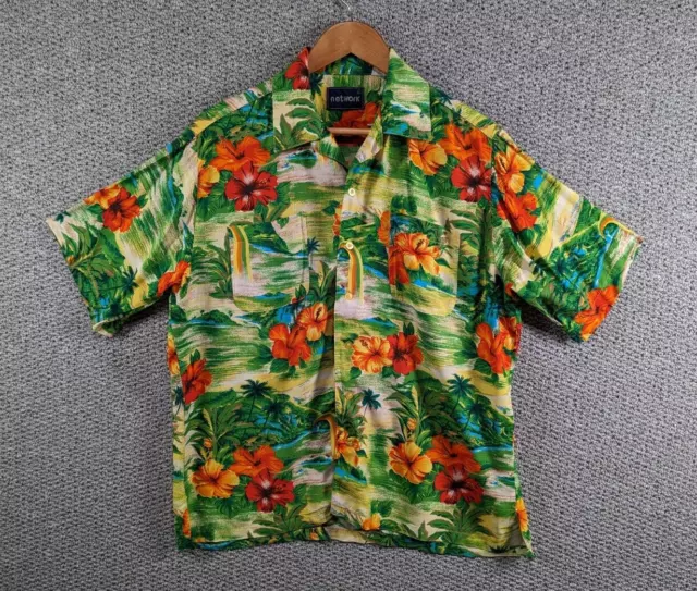 NETWORK Vintage 80's Men's Colourful Floral Print Hawaiian Aloha Rayon Shirt - L