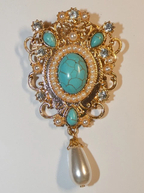Broche Vintage En Pierres Turquoises - Bijou Ancien, Occasion, Décoratif
