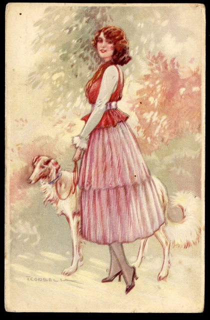 BORZOI Glamour Fashion Dog Art Deco Picture Postcard by Italian Tito Corbella