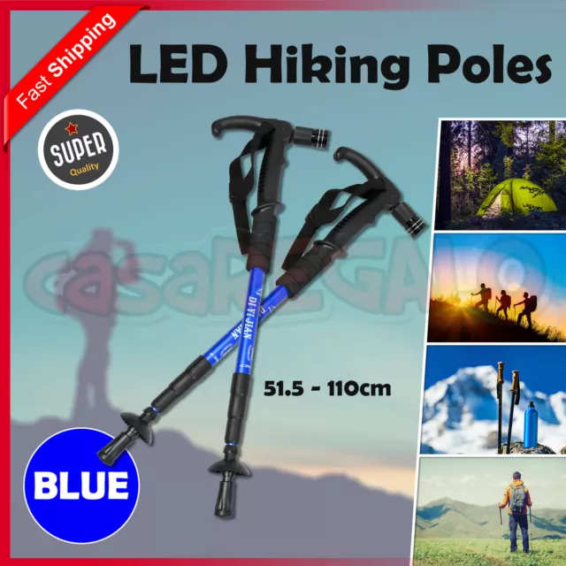 Hiking Trekking Poles Walking Sticks LED Adjustable Anti Shock Camping Blue
