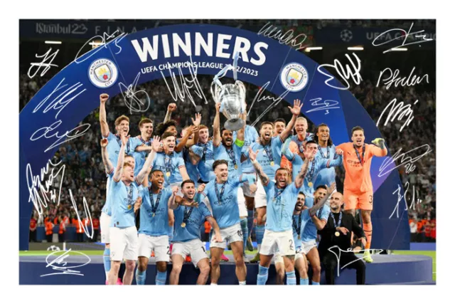 Manchester City Signed A4 Autograph Photo Champions League 2023 Treble Winners