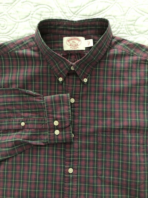 Mens Brooks Brothers LS Red Green Blue Plaid Casual Shirt XL Slim