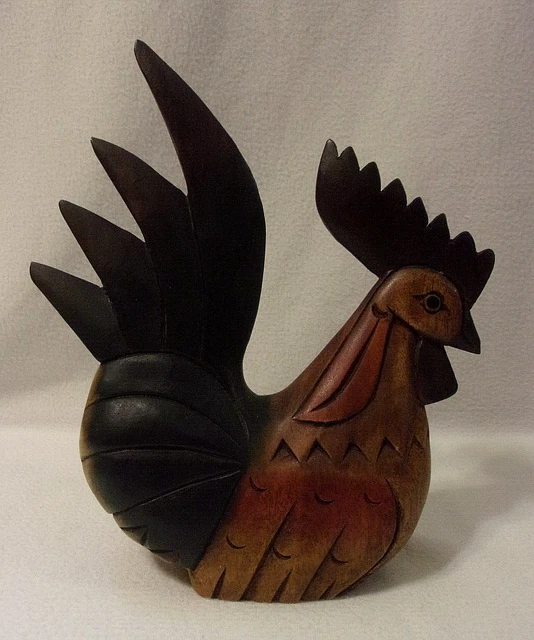 HANDCRAFTED SOLID WOOD CARVED FOLK ART ROOSTER FIGURINE - Vintage