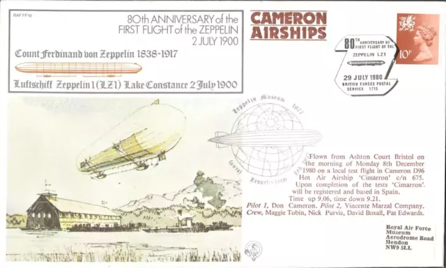 1980 80th Anniversary 1st Zeppelin Flight Cameron Airship Flown Cover V2