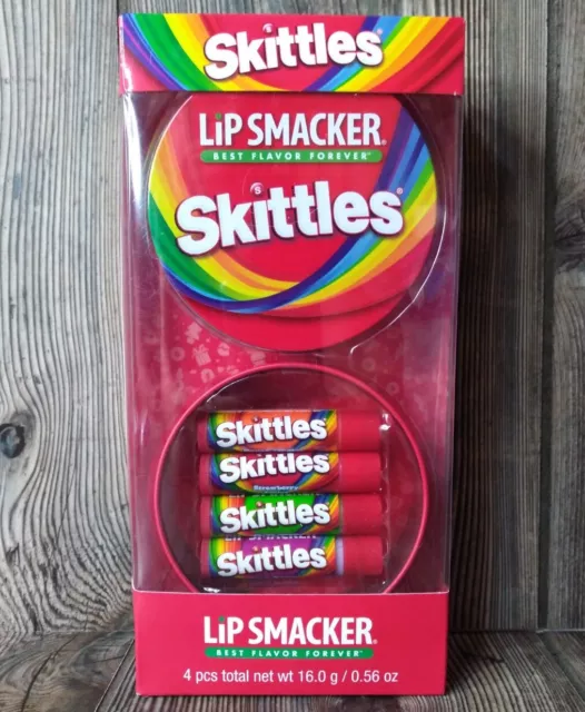 LIP SMACKER Lip Balm Set SKITTLES Best Flavor Forever 4 Flavors + Tin Container