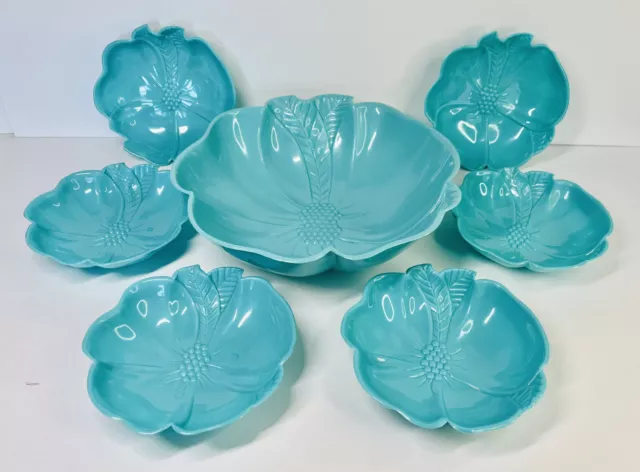 Vintage Plastic Serving & Salad Bowl Set Hofmann Industries Blue Hibiscus Flower