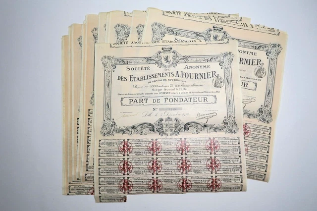 Etablissements A. Fournier Part De Fondateur Lille 1912 X 14 Actions