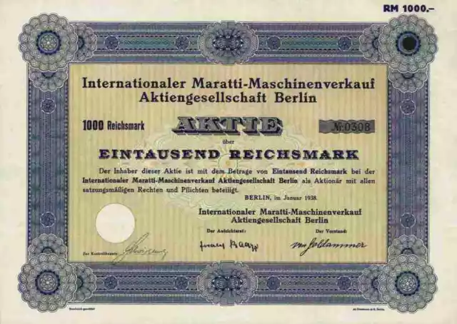 Internationaler Maratti Maschinenverkauf AG 1938 Berlin Rechtsanwalt Raaz 1000 M