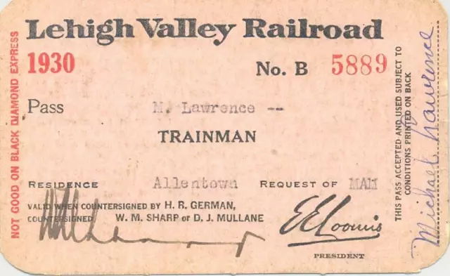 1930 Lehigh Valley Railroad employee pass