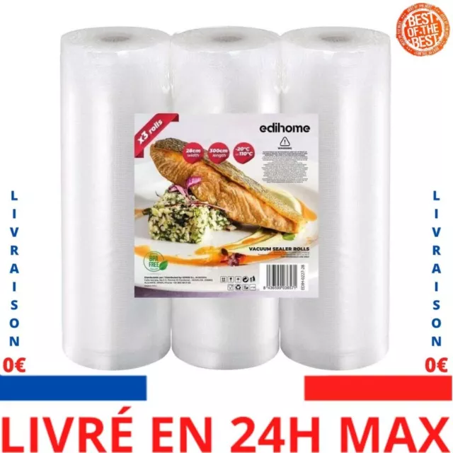 Edihome, Sac Sous Vide Alimentaire, 3 Rouleau, 28x300cm, Sachet, sans BPA, Sous