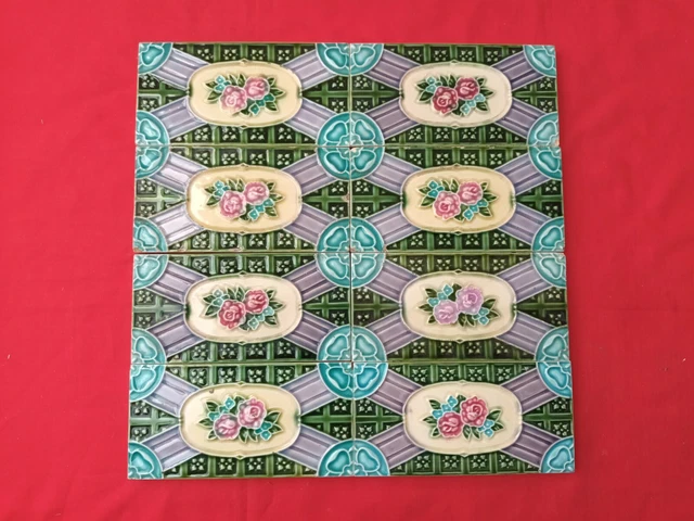 8 Piece Old Art Flower Design Majolica Ceramic Tiles Japan 0070