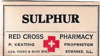 Antigüedad Cruz Roja Azufre Pharmacy Etiqueta P.Keating Kewanee Illinois