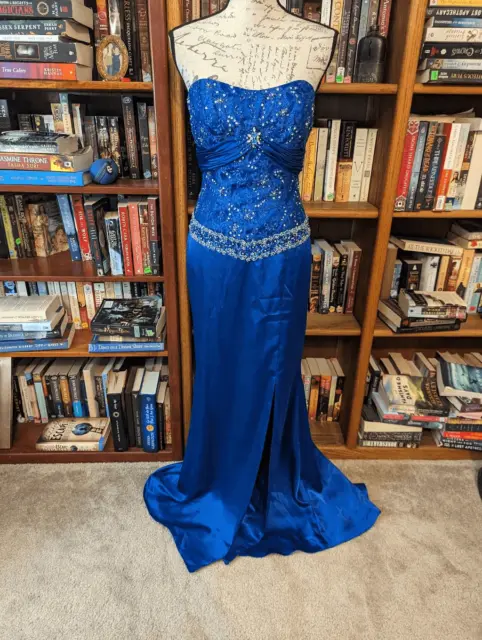 La Femme Paris beaded blue satin strapless mermaid gown sz 6 euc