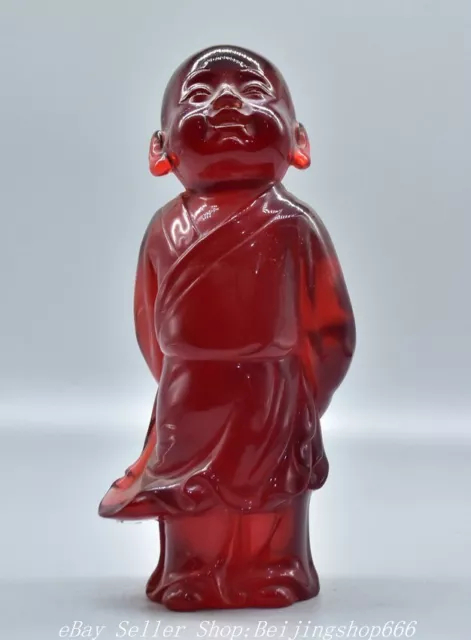 9" Old Chinese Red Amber Carved Tongzi Buddhist monk Buddha Statue Sculpture