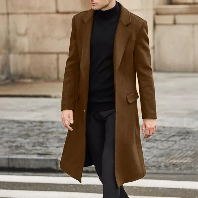 Mens Trench Coats Outwear Overcoat Long Sleeve Button Up Wool Coat Jacket  Warm&