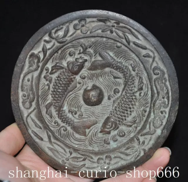 4.8"old China Ancient dynasty bronze fengshui fish Goldfish Bronze mirror statue