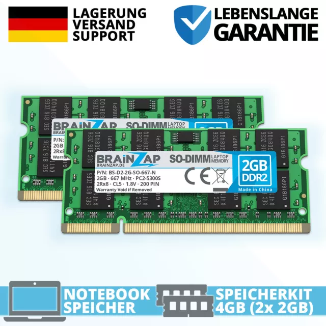 4GB DDR2 RAM SO-DIMM PC2-5300S 2Rx8 667MHz 1.8V Notebook Speicher CL5 (2x 2GB)