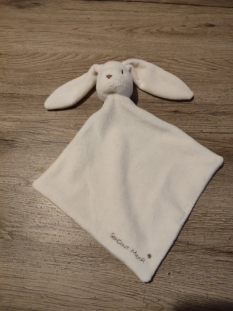 Doudou Sergent Major Lapin Plat Blanc Beige Ecru Losange