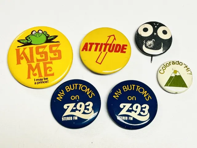 Lot Of 6 Vintage Button And Pinback Button Pins 1970s