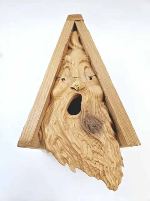 Vintage Hand Carved Wood Spirit Old Man Face Cedar Birdhouse Monte Spinker 1999
