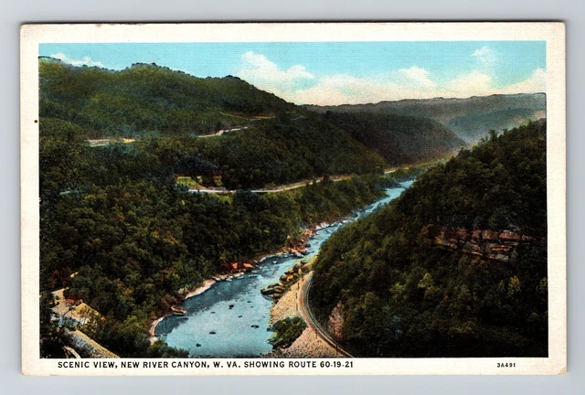 New River Canyon WV- West Virginia Aerial View Mountains River Vintage Postcard
