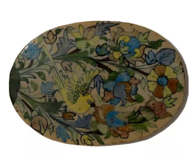 Vintage Hand Painted and Glazed Love Bird Persian Decorative Oval Ceramic Tile