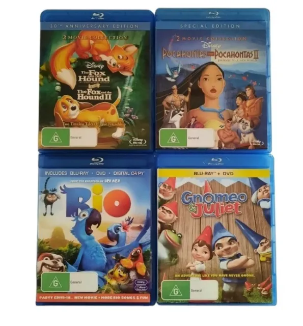 4 x Disney Kids Movies Blu-Ray & DVD Discs - Pocahontas 1&2 Gnomeo & Juliet Rio+