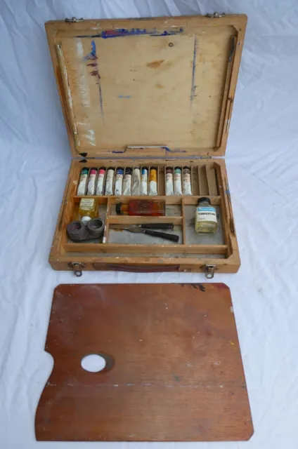 Caja y paleta de pintura y óleo de artistas de madera vintage de Winsor & Newton y Rowney