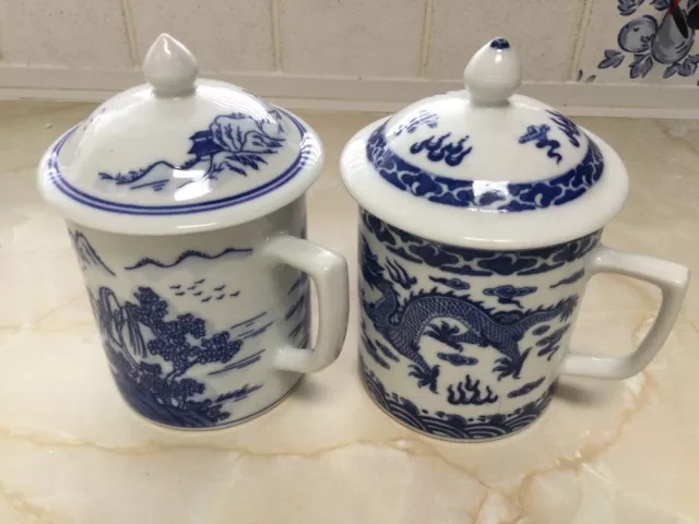 Pair of Vintage Asian Chinese Lidded Porcelain Coffee Mugs Tea Cups Blue White