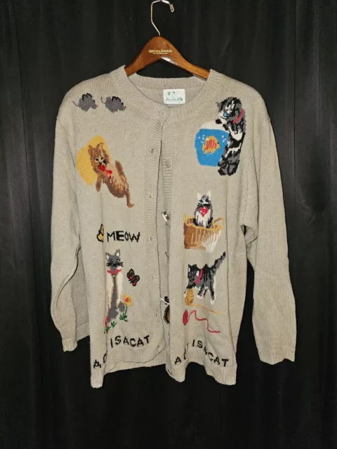 The Quacker Factory A Cat Is A Cat Cardigan Kitty Granny Sweater Size Large