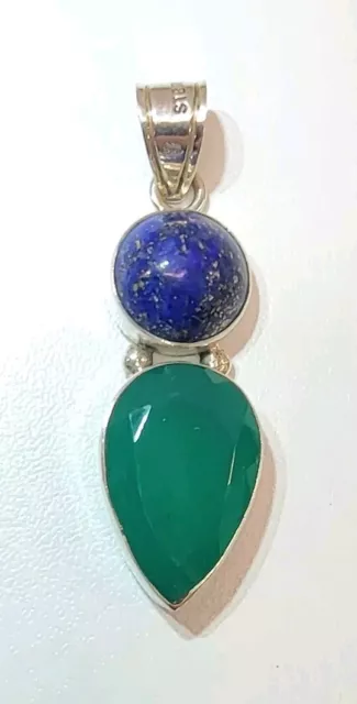 Großer sterlinggrüner Jadeit & blauer Lapislazuli-Anhänger, 2 Zoll lang 8,5 Gramm