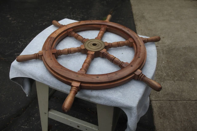 Original Vintage Wood & Brass Ships Pilot Helm Wheel 30"