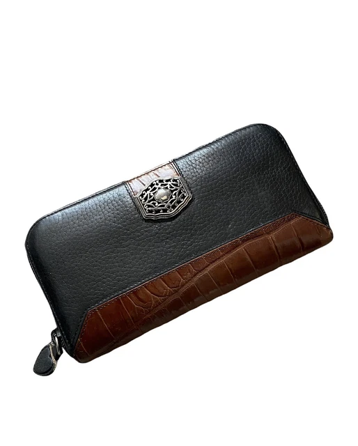 Brighton Brown Black Pebbled Leather Wallet Embossed Croc Envelope Vintage