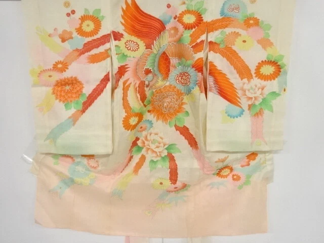 43717# Japanese Kimono / Antique Summer Kimono For Girls / Embroidery / Phoenix