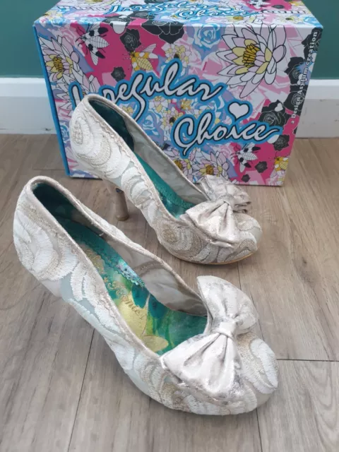 IRREGULAR CHOICE CREAM and Gold Lace Mal E Bow Court High Heel Shoes Size UK 7.5 26.99 PicClick UK