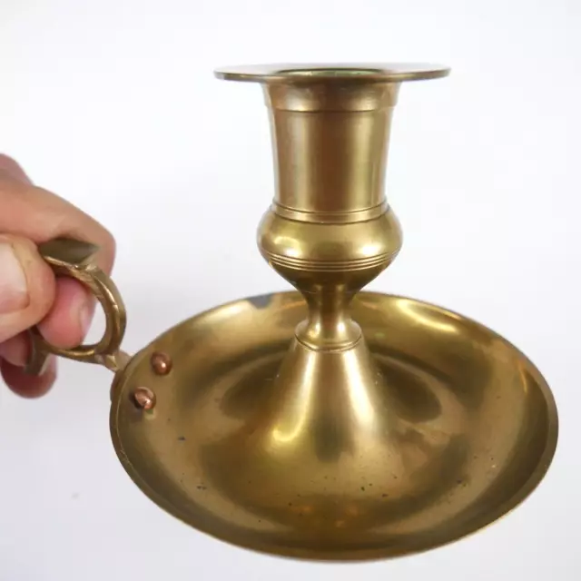 Vintage Brass Chamber Candle Stick Holder Carrier w/ Finger Loop & Drip Tray