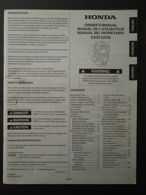 2010 HONDA ENGINE Model # GX25 & GX35 Owner's Manual
