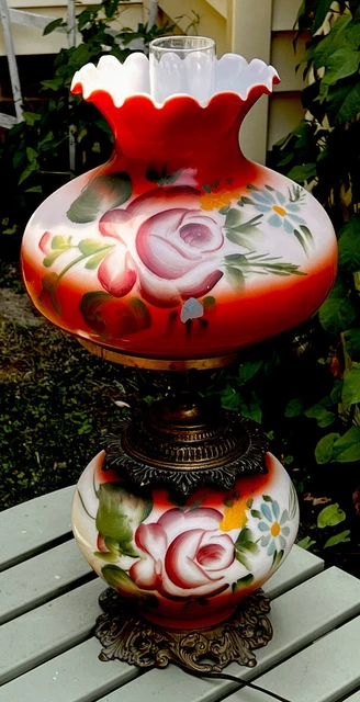 antique 1950's GONE WITH THE WIND PARLOR TABLE LAMP hand painted Red Floral! Wow