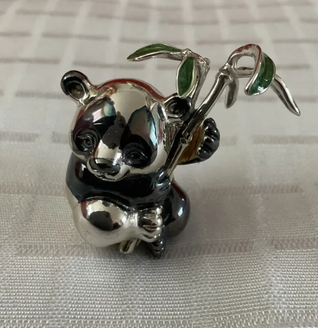 Saturno Silver and Enamel Small Panda Holding Leaves