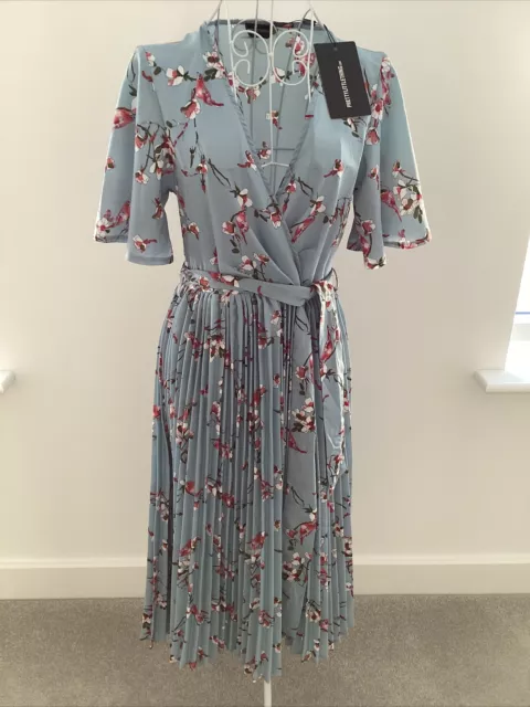 Prettylittlething Dusty Blue Pleated Midi Dress Size 8, BNWT NEW