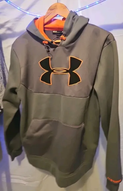 Under Armour Loose Mens MD M Gray Orange Logo Hoodie Pullover Sweatshirt