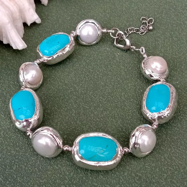 Cultured White Pearl Blue Turquoise Beaded Bracelet Women Men Jewelry